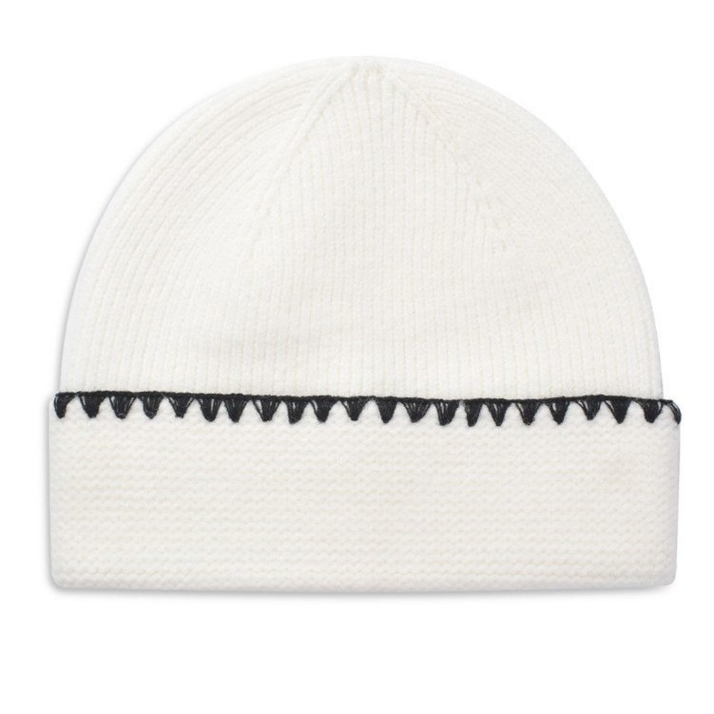 Aqua Beanie Women OS White Ribbed Knit Whipstitch Trim Winter Hat Luxury NWT